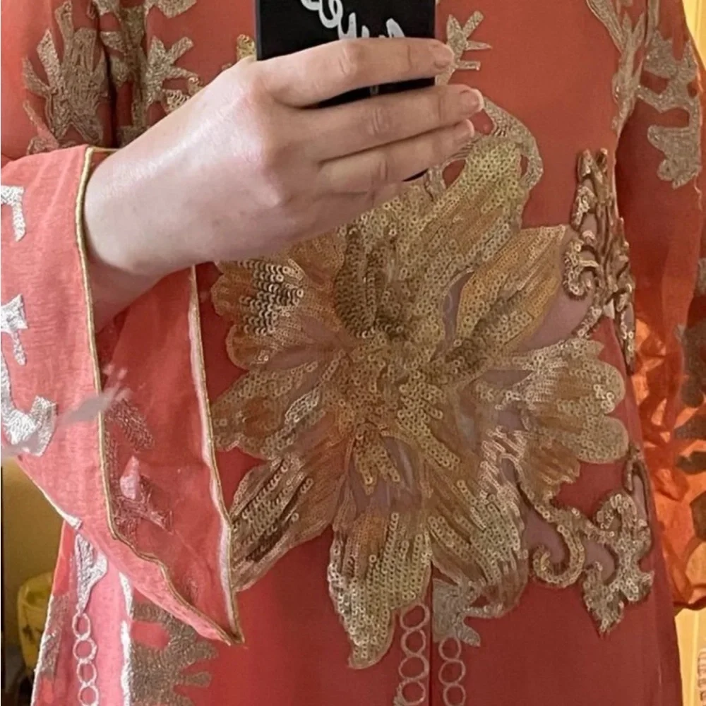 Elegant Coral Floral Embroidered Dress - Picture 7 of 9